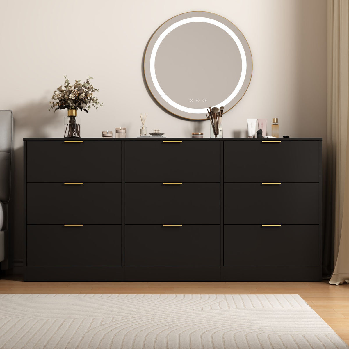 Black 9 Drawer Dresser, 63" Large Deep Chest of Drawers, Wooden Dresser Storage Cabinet with 9 Drawers, Long Dressers
