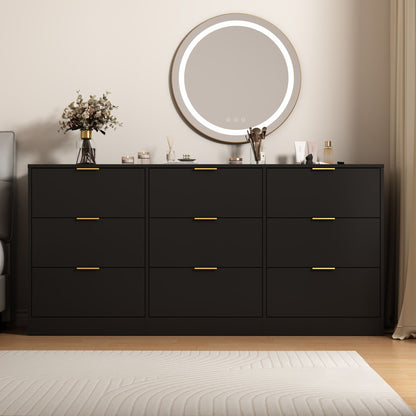 Black 9 Drawer Dresser, 63" Large Deep Chest of Drawers, Wooden Dresser Storage Cabinet with 9 Drawers, Long Dressers