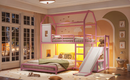Twin over Full Playhouse Metal Bunk Bed with Slide & Ladder, House Shaped Bunk Bed with LED Light Strip, Privacy Curtain, Movable Storage Cabinet and Hanging Rod, Twin over Full Kids Bunk Bed , Pink
