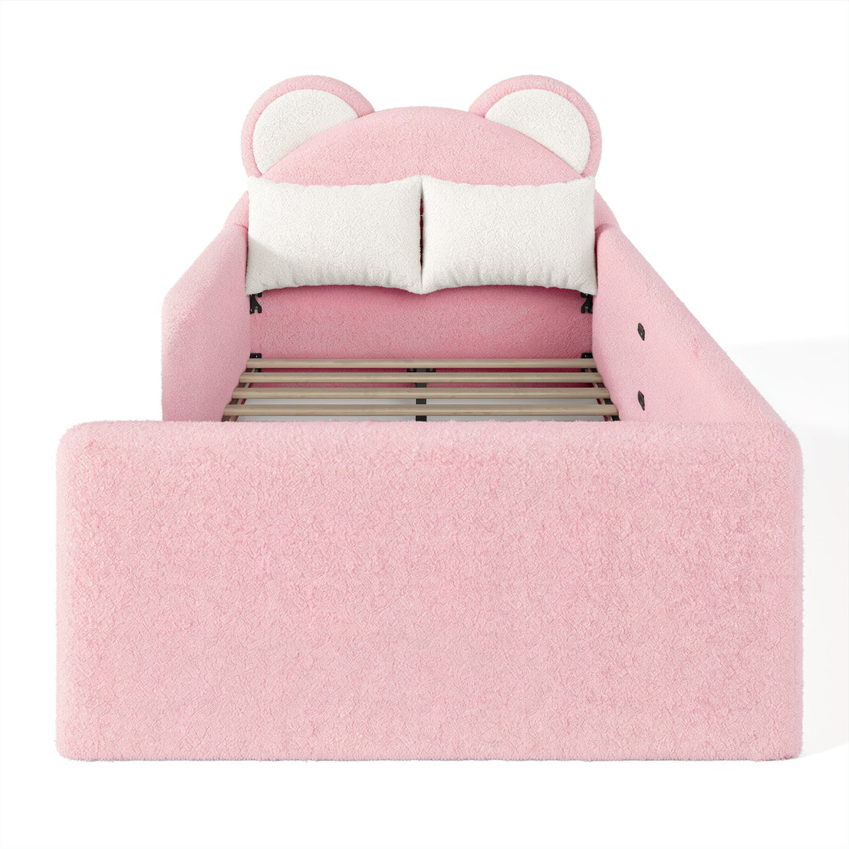 Twin Upholstered Kids Bed, Cute BearShaped Upholstered Floor bed, Children Bed Frame with Removable MagicTape Headboard, Low Floor Bed for Kids,White&Pink
