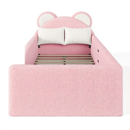 Twin Upholstered Kids Bed, Cute BearShaped Upholstered Floor bed, Children Bed Frame with Removable MagicTape Headboard, Low Floor Bed for Kids,White&Pink