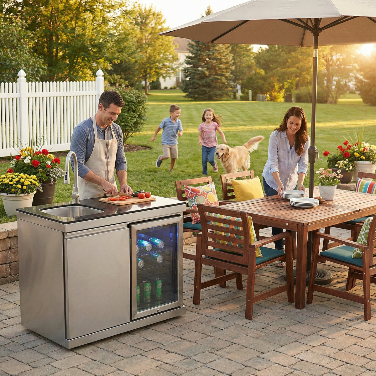 Sink and Fridge Combo for Outdoor Kitchen, 70L Refrigerator and Sink with Pull-Down Faucet, Brushed SS and Black Granite Countertops, All-in-One BBQ Island Cleaning Station (Silver)
