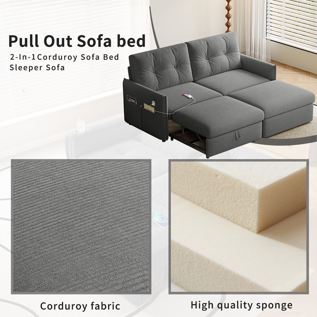 Sleeper Sofa, 69.7' Pull-Out Bed Storage Sectional, Convertible 2-in-1 Sofa Bed with Ottoman, Cozy Multi-Functional Futon for Small Spaces, Corduroy Fabric, Ideal for Living Room & Bedroom