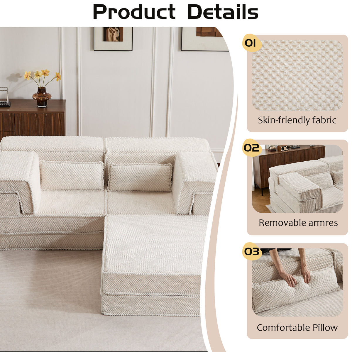 Compression Mahjong Sofa, Convertible Floor Sofa Bed, DIY Boneless Modular Sectional Sofa, No Assembly Required, Circle fleece fabric – Model W3723S00027