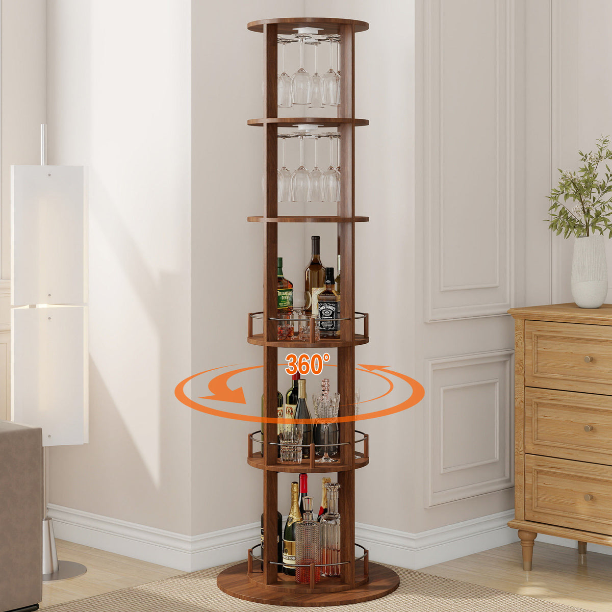73" Tall Round Wine Rack, Freestanding Wine Bar Cabinet With 360° Rotating Design Wine Glass Rack, 360° Smooth Rotation & Stable Base, 3-Tier Storage Shelf, MDF & Metal, Walnut