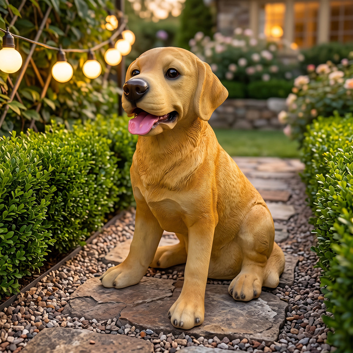 Labrador resin statue, weather-resistant dog figurine, an outdoor garden ornament suitable for display in yards, on lawns, and indoors.