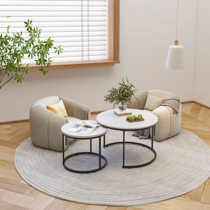 Nesting Coffee Table Set of 2, 27.6inch Round Coffee Table Wood Marble Pattern Top with Sturdy Metal Frame - White