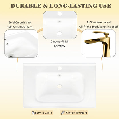 27.8" Modern Bathroom Vanity Set with Reinforced Legs & Painted Surface, Mid-Century Freestanding Bathroom Vanity Sink with Storage, High-end Restroom Vanity Cabinet with Drawer& Hidden Storage Shelvs
