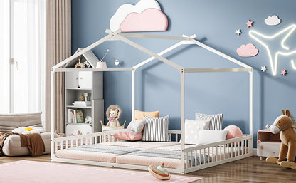 Double Twin House-Shaped Floor Bed with Safety Guardrails, without door, White