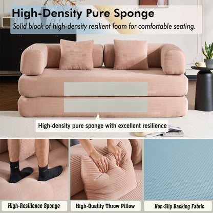 Convertible Sleeper Sofa Bed with Cylindrical Pillow, Corduroy Folding Mattress Couch with Fixed-Shape Frame, Floor Sofa Lounge Couch - Pink