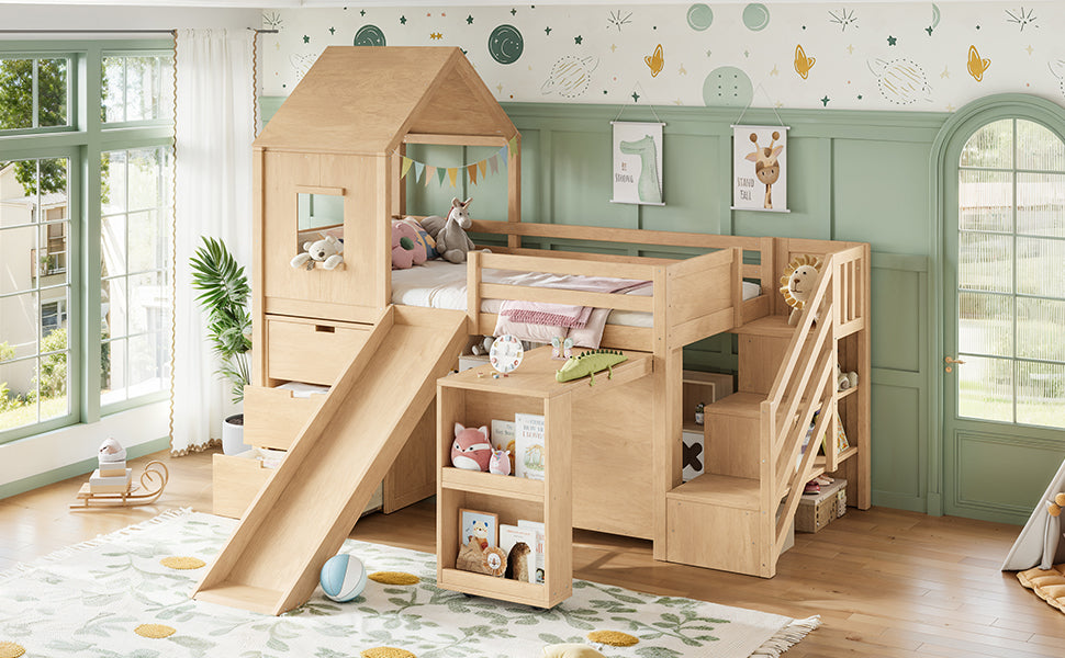 Twin Playhouse Loft Bed with Integrated Storage Drawers, Open Stair Shelves & Pull Out Desk, Kids Low House Loft Bed with Slide and Play Window, Natural