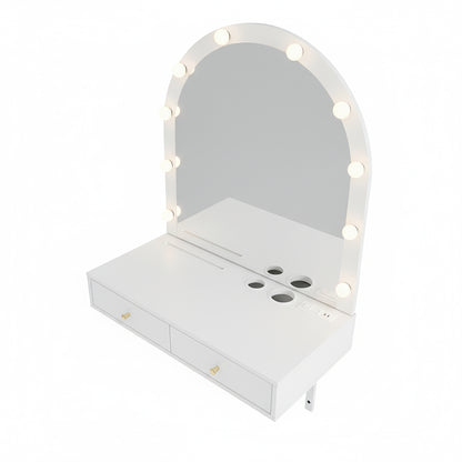 Floating Makeup Vanity Desk with Mirror & 3-Color Lights, Wall Dressing Table with Power Outlet, Compact vanity, Large Storage, White