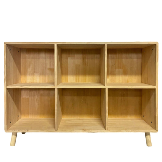 6 Cube Wooden Storage Shelf, Freestanding Open Bookcase with Legs, Natural Solid Wood Cubby Organizer for Living Room, Bedroom, Office, Entryway