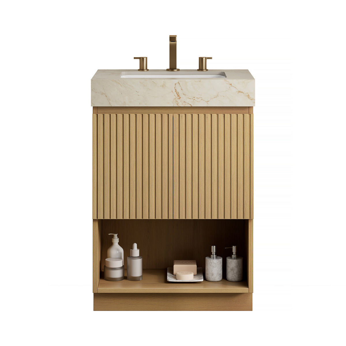 FINO 24" Bathroom Vanity&Sink,Freestanding Cabinet,Cream Gold Vein Sintered Stone Top&Ceramic Basin with 3 Pre-drilled Faucet Holes, Disassembled, Faucet & Drain Excluded, Corolla Oak Woodgrain Color
