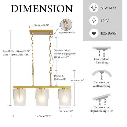 Modern Gold 3-Light Linear Chandelier, E26 Base, Adjustable Height Pendant Light with Milky White Frosted Glass Shades