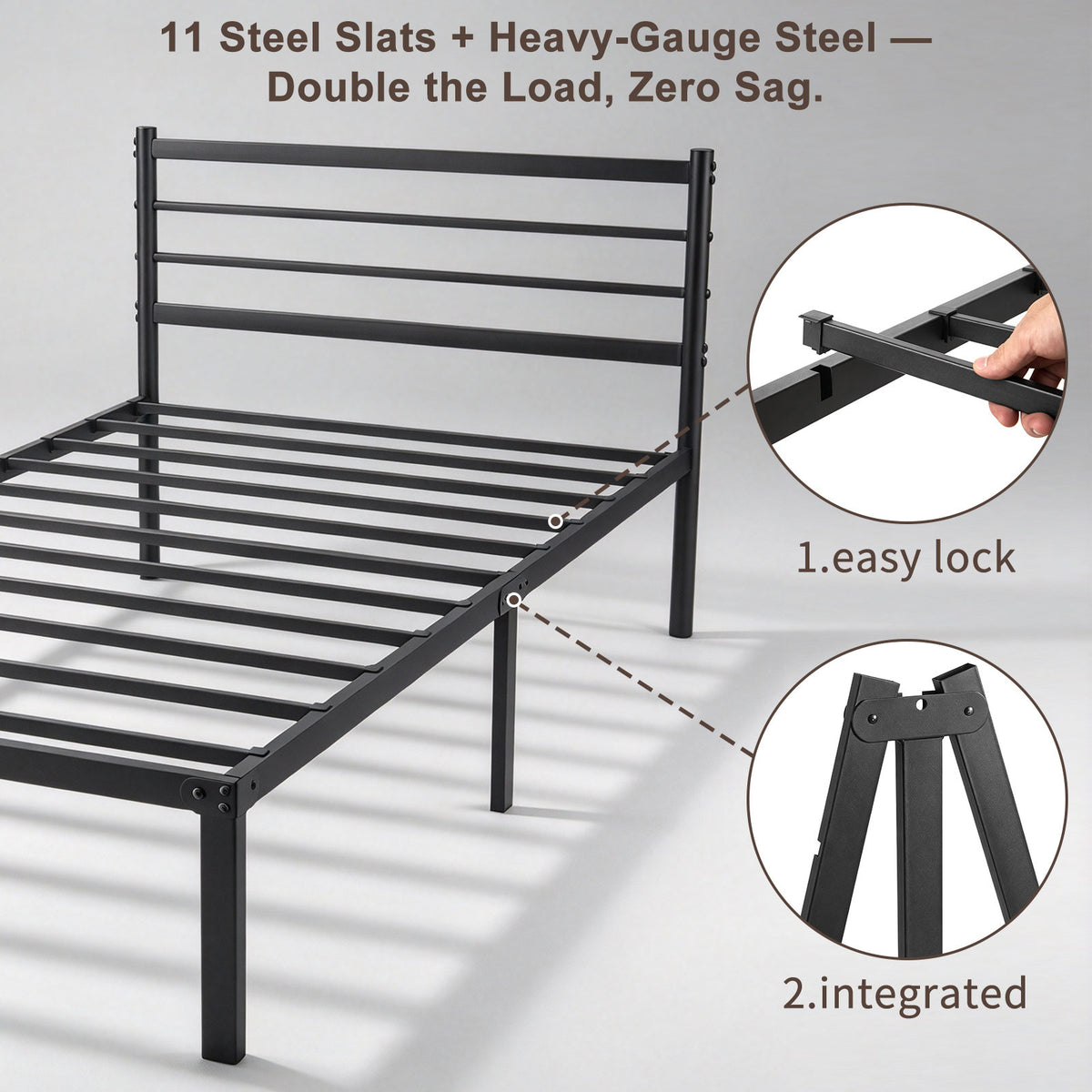 Twin Metal  Bed Frame with Headboard, 440 LBS Heavy Duty Steel Slat Support, No Box Spring Needed, 12.28" Under Bed Storage, Noise-Free & Easy Assembly, Black