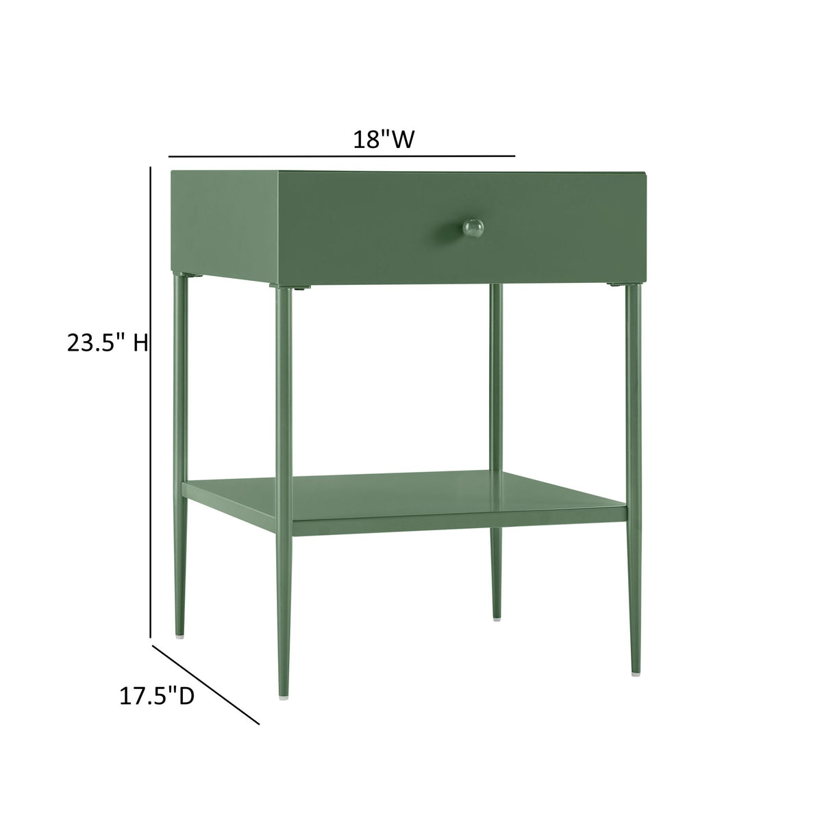 Colette Vintage Green Metal 1-Drawer Nightstand with Bottom Shelf & Tapered Legs