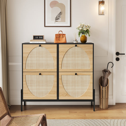 Space-Saving Rattan Shoe Cabinet with 4 Flip-Down Doors - Elegant Narrow Storage for Entryways & Hallways