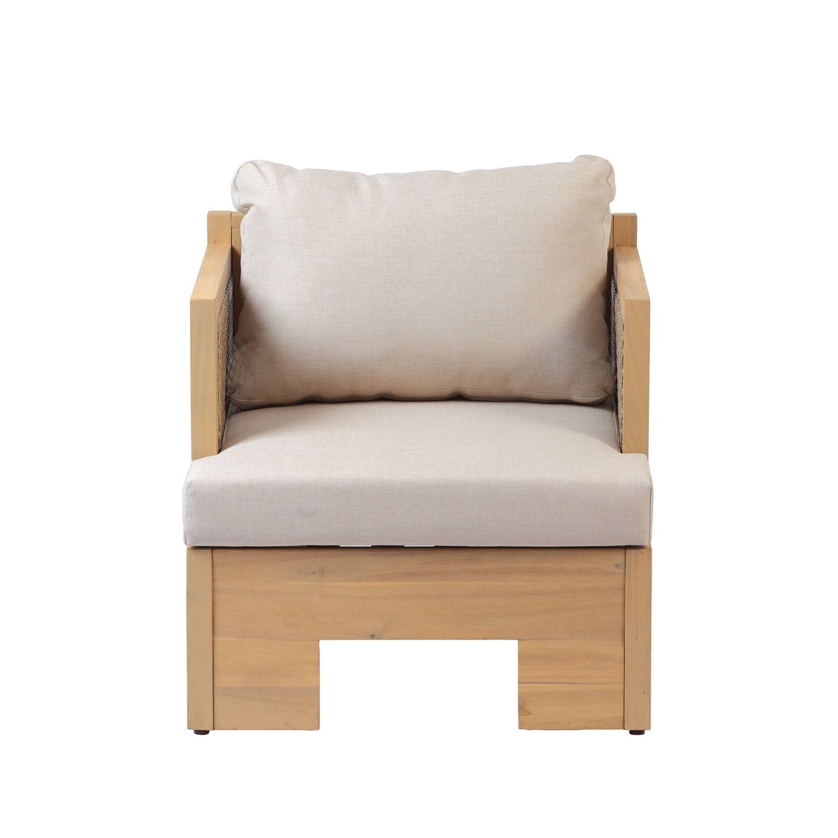 Acacia wood and rattan-woven armrests outdoor club chair with a deep seat and soft cushion, suitable for gardens, backyards, porches, and balconies,Set 2(Light Teak+Light Brown Wicker+Beige Cushion).
