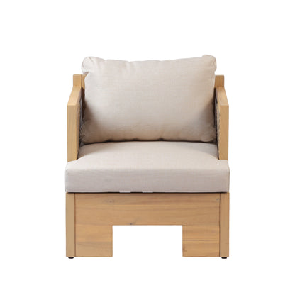 Acacia wood and rattan-woven armrests outdoor club chair with a deep seat and soft cushion, suitable for gardens, backyards, porches, and balconies,Set 2(Light Teak+Light Brown Wicker+Beige Cushion).