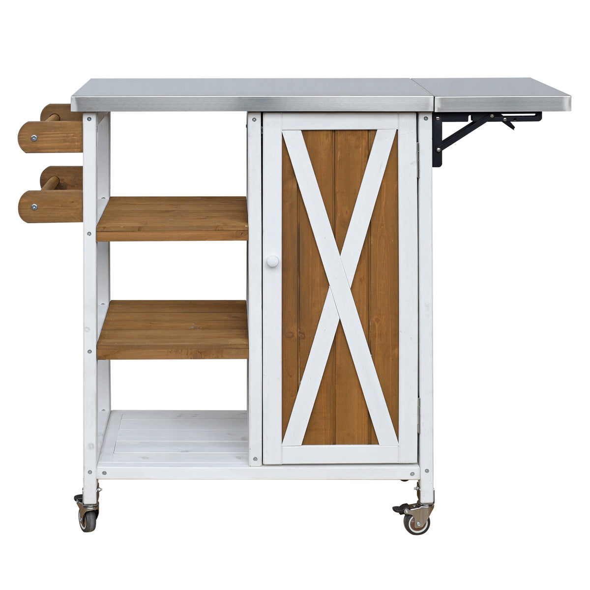Foldable Outdoor Kitchen Island with Stainless Steel Worktop and Wood Frame, White+Brown, Portable Prep Station