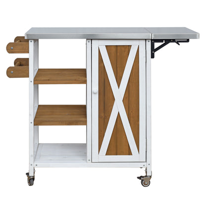 Foldable Outdoor Kitchen Island with Stainless Steel Worktop and Wood Frame, White+Brown, Portable Prep Station