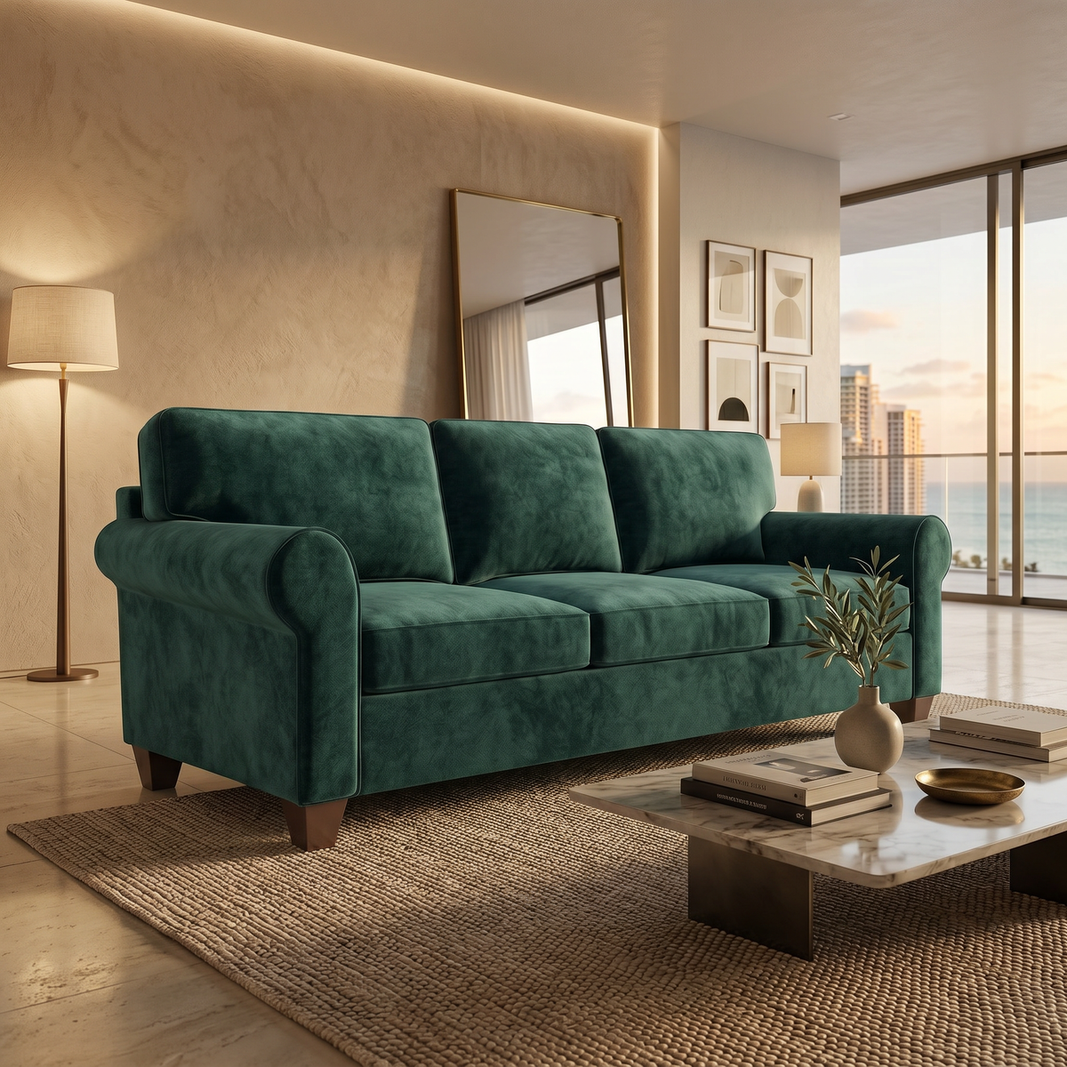 Augusta Sofa – Made in USA, Custom Fabric Options, Classic Sofa Wholesale Furniture - Velvet Antique Kelly Green - Velvet
