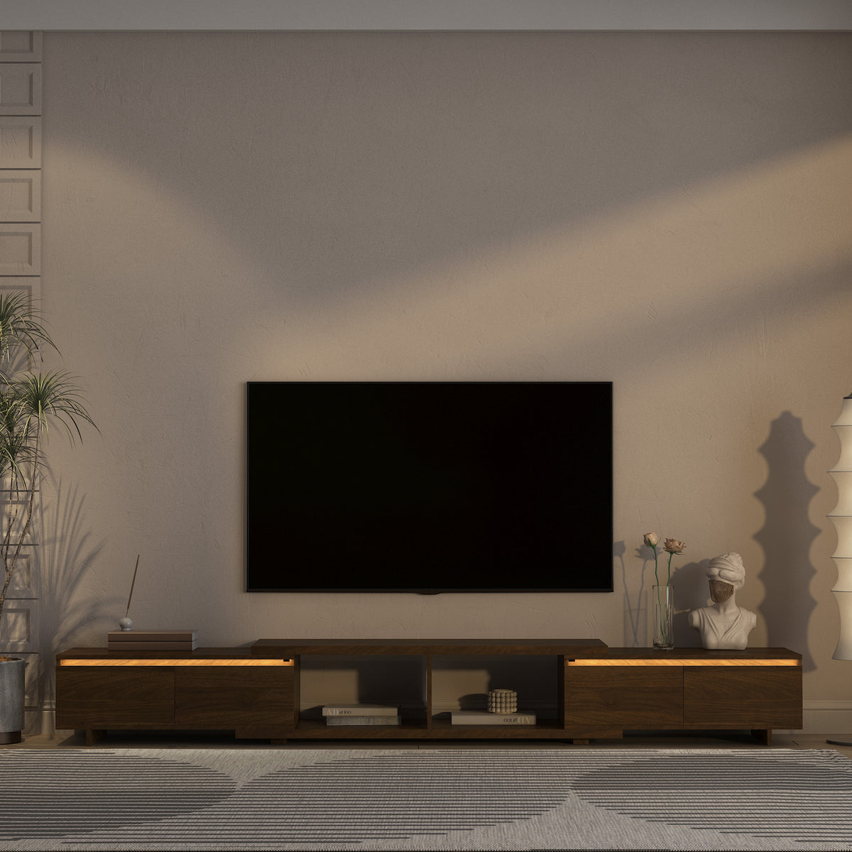 Modern TV Stand with LED Lights , Entertainment Center Wooden TV Stand, TV Stand Desk Media Cabinet with Storage for Living Room Bedroom