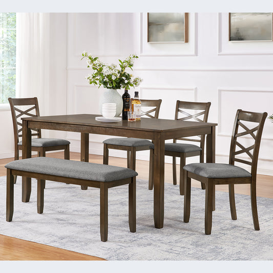 Elegant 6-piece Wooden Dining Table Set with 4 Chairs and a Bench. Modern Dining Table Set for 6 People, Rectangular Dining Table Set