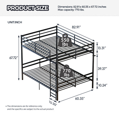 Queen-size heavy-duty bunk bed with ladder and high guardrails, 20 crossbars, minimum load capacity of 880 lbs per bunk, can be split into two double beds, includes storage space, black.