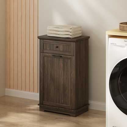 10 Gallon Tilt Out Trash Cabinet Freestanding Trash Bin Cabinet Wood Garbage Recycling Cabinet with Hideaway Drawer Pet Proof Trash Can Holder for Kitchen Living Room, Antique Brown (not include can)