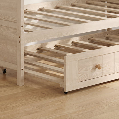 Twin Solid Wood Daybed with Drawer Rolling Trundle, Multi-Purpose Single Sofa Bed for Bedroom Living Room,Natural