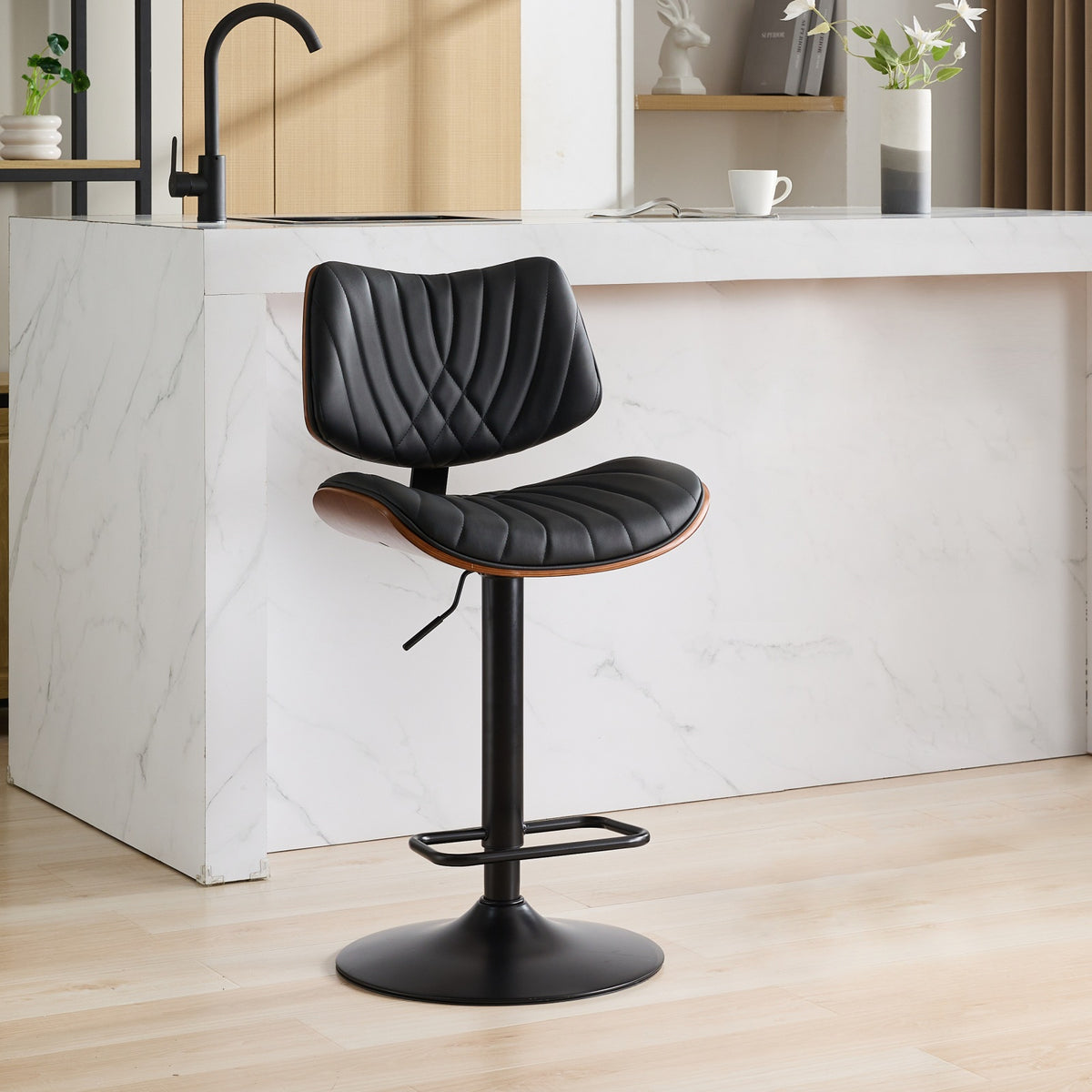 Walnut Bentwood Bar Stools Mid Century Modern Adjustable Counter Height Black Leather Upholstered 360°Swivel Bar Chairs for Kitchen – Model W1143P173514