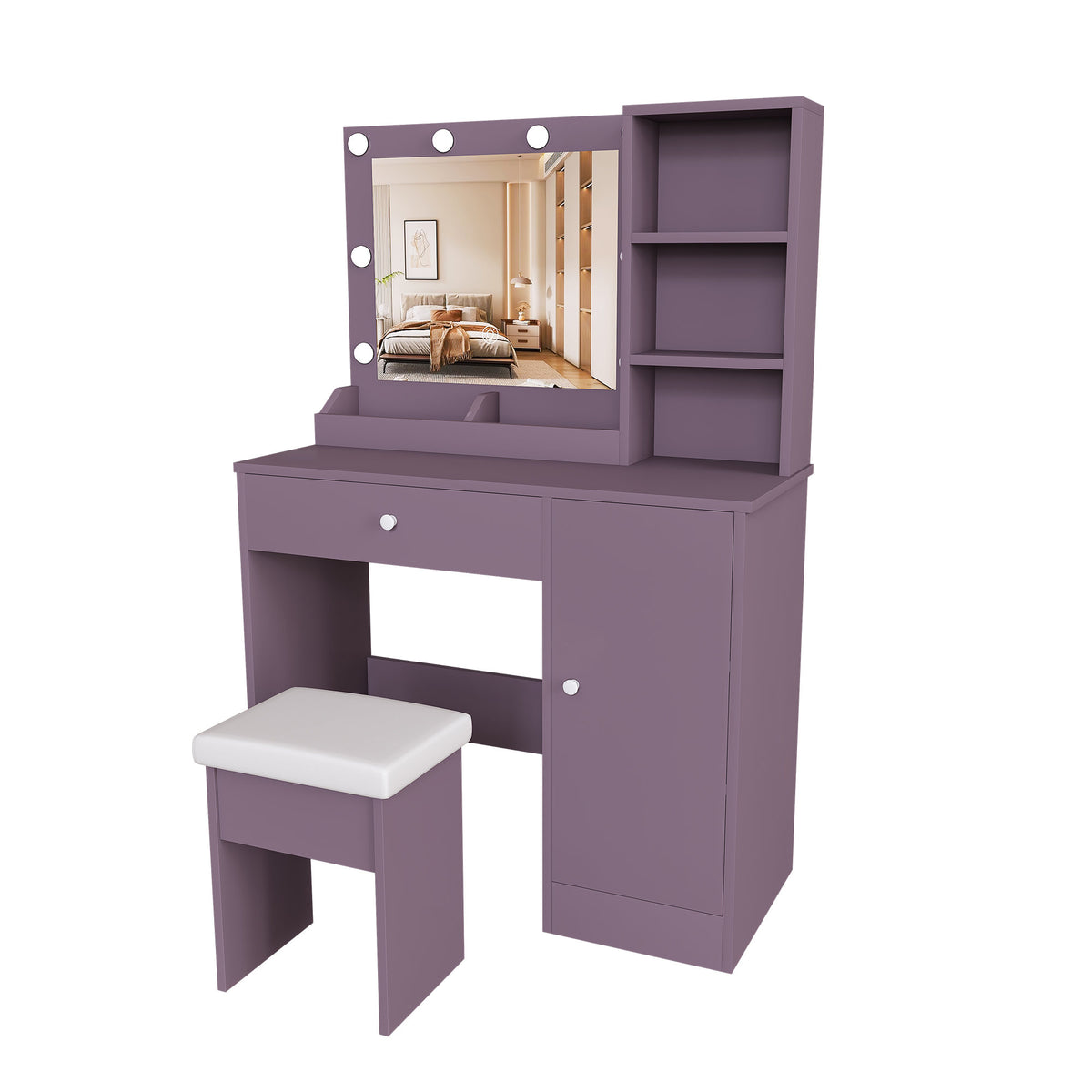 Modern Purple Vanity Desk Set with Padded Stool and Adjustable LED Mirror, 3 Color Light Modes, MDF Construction