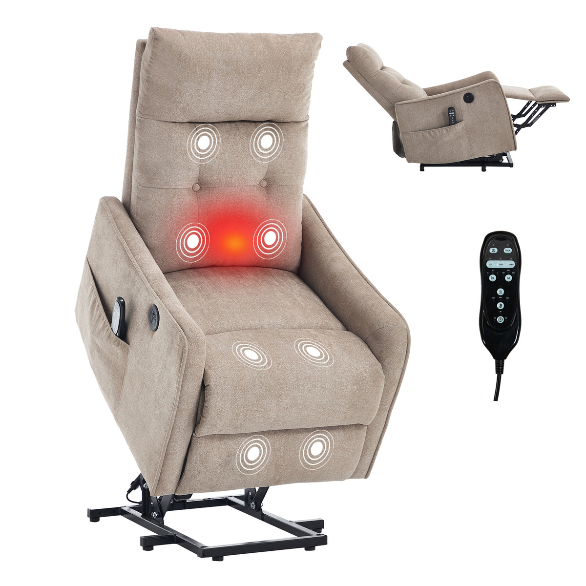 Khaki Chenille Single Motor Power Lift Recliner Chair with Massage and Heat for Elderly, Heavy Duty Motion Mechanism and One USB for Charging, Max Reclining Angle 155°
