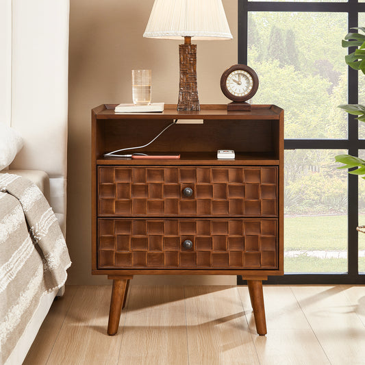 Nightstand with Charging Station, 2 Drawer Bedside Table with Shelf  Features geometric drawer fronts, open storage, USB and AC charging, and solid wood legs for everyday convenience