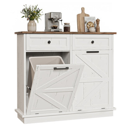 Tilt Out Trash Can Cabinet for Kitchen, Double 10-Gallon Hidden Trash Cabinet with Drawer, Farmhouse Wooden Garbage Cabinet, Dog Proof Trash Can Storage for Kitchen Laundry Living Room Office