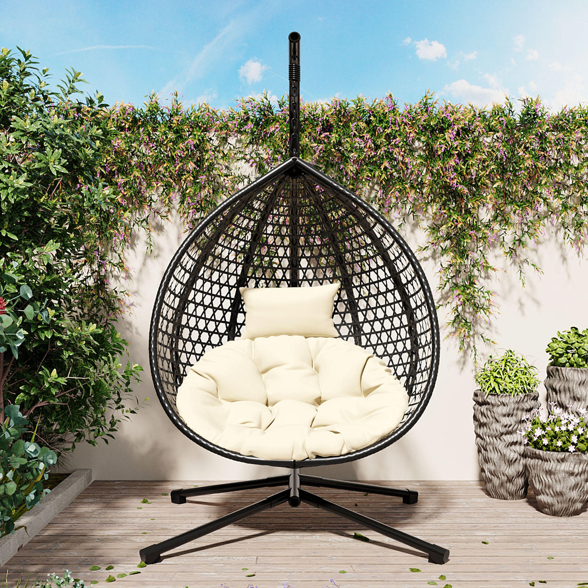 U_STYLE Sturdy Hammock Chair with Stand, Durable Hanging Egg Chair with Rattan Weaving ,Comfortable Indoor Outdoor Swing  chairs with Soft Removable Cushion,Suitable for Balcony, Bedroom,or Garden