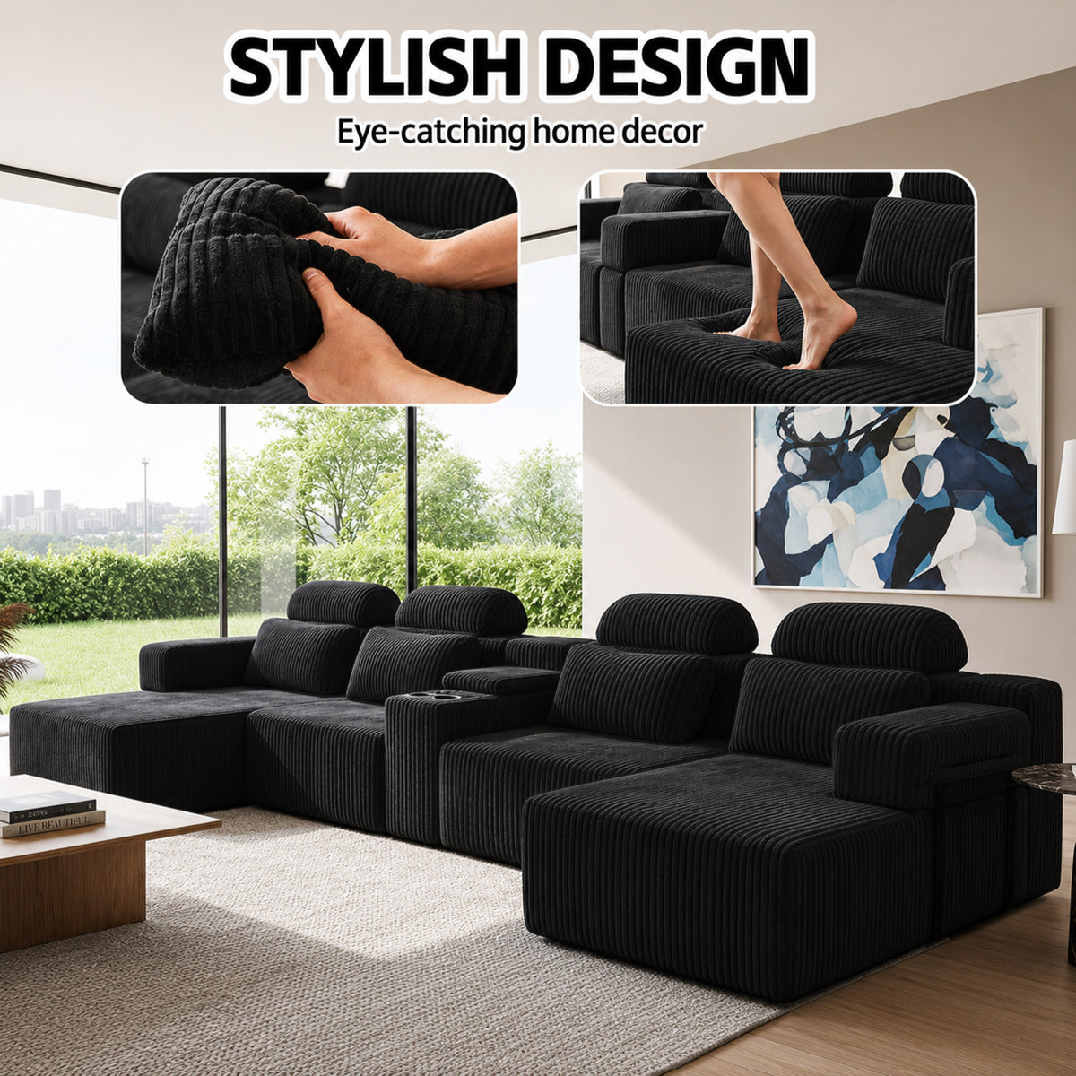 Modern Black corduroy 6-seater U-shaped sofa with lounge chair and cup holder -145.7 inch oversized modular compression sofa, suitable for home theaters, luxury living spaces, tool free assembly