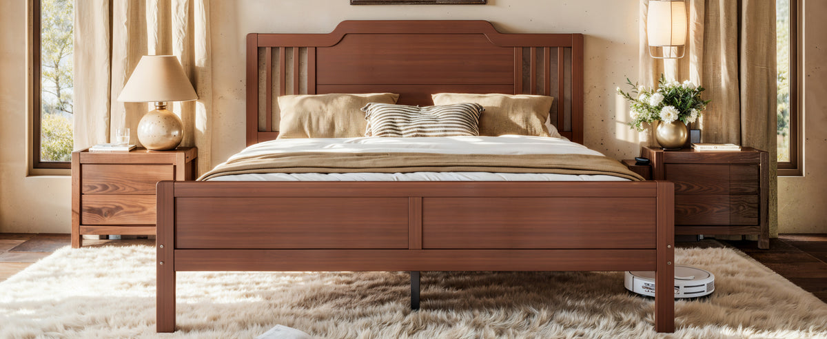 Queen Size Platform Bed with Tall Headboard, Solid Bamboo-made Bed Frame with Support Slats, Queen Bed Frame for Bedroom, Guest Rooms, Warm Brown