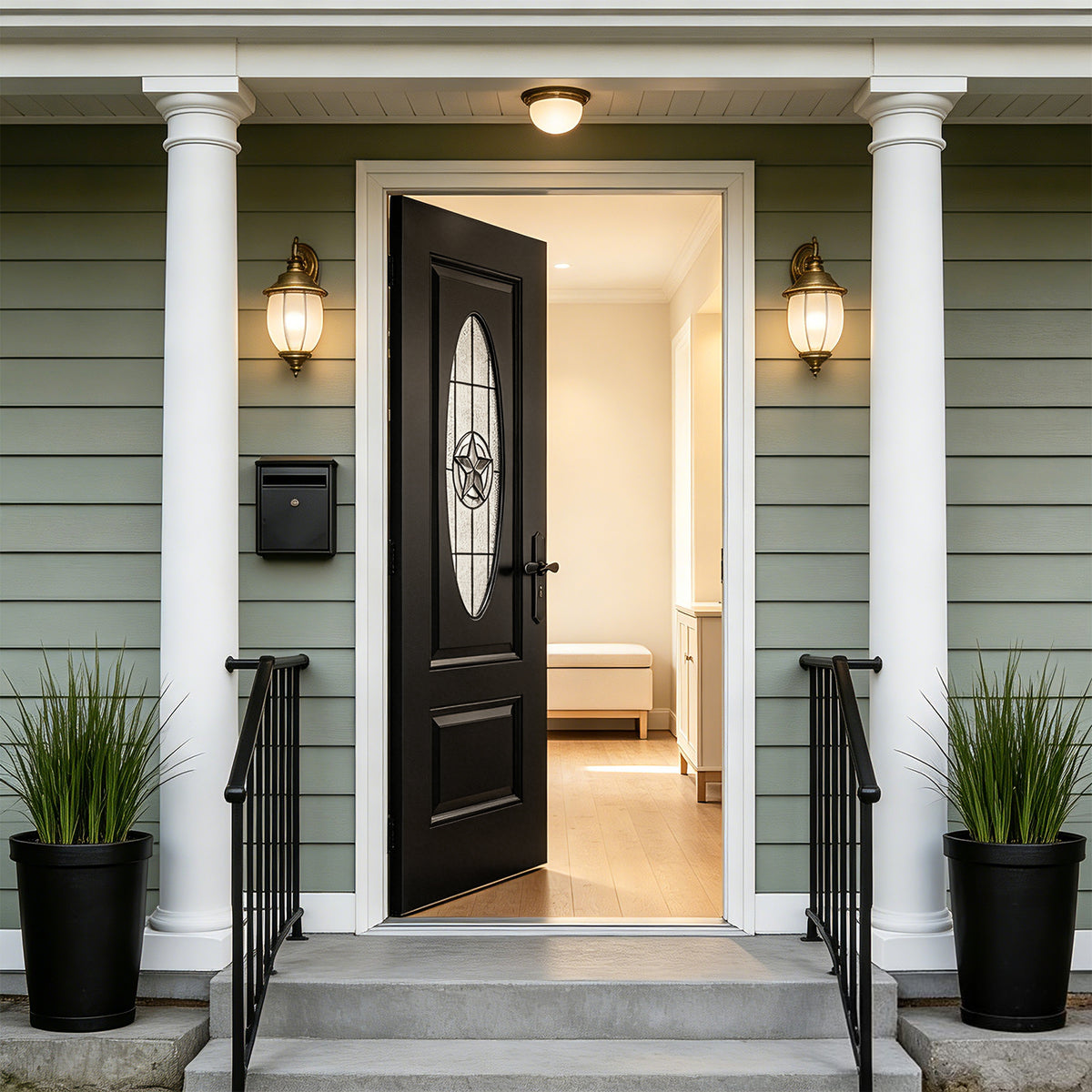 36"x80" Fiberglass Front Door with White 4-9/16" PVC Frame,Left-Hand Inswing Exterior Door with Brickmould,Brushed Smooth skin with Oval Decorated glass for Home Entrance, Black