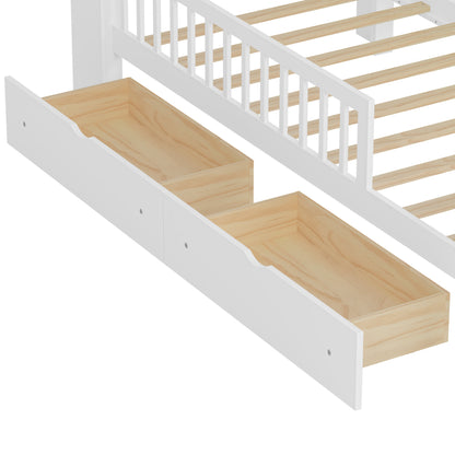 Twin Size Bed with Headboard Storage Rack, Two Under-Bed Drawers, Three-Side Guardrails for Safety and Security, White