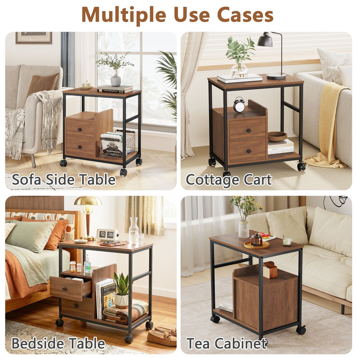 End Table with Wheels & Storage Drawers, Side Table,  Nightstand, Stable Metal Frame, Wood Top, for Bedroom Kitchen Living Room and Office, 14.9"D x 23.6"W x 25.7"H