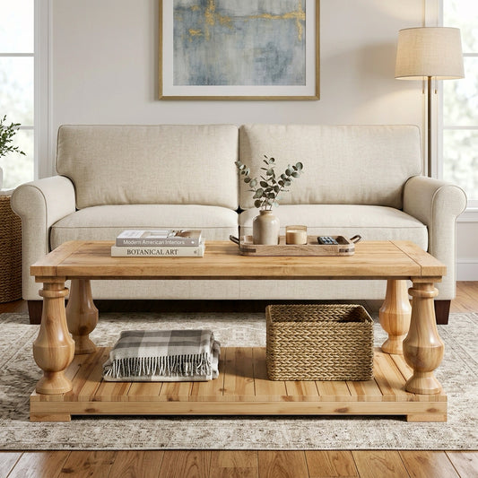 Farmhouse Coffee Table with Storage Shelf, Solid Wood Turned Legs, 2-Tier Rustic Wood Center Table for Living Room, Natural