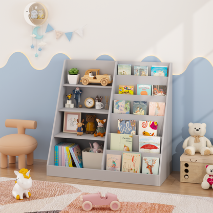 Kids Bookshelf and Toy Storage Organizer, Multifunctional 4 Tier Wooden Kids Book Shelf with Bookcase Display Stand, Children, Toddlers - Gray – Model W808P340216