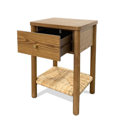 Walnut Ainsley Nightstand Side End Table with Rounded Edge Tabletop, Solid Wood Round Legs, Woven Jute Storage Shelf & Drawer, for Bedroom Living Room