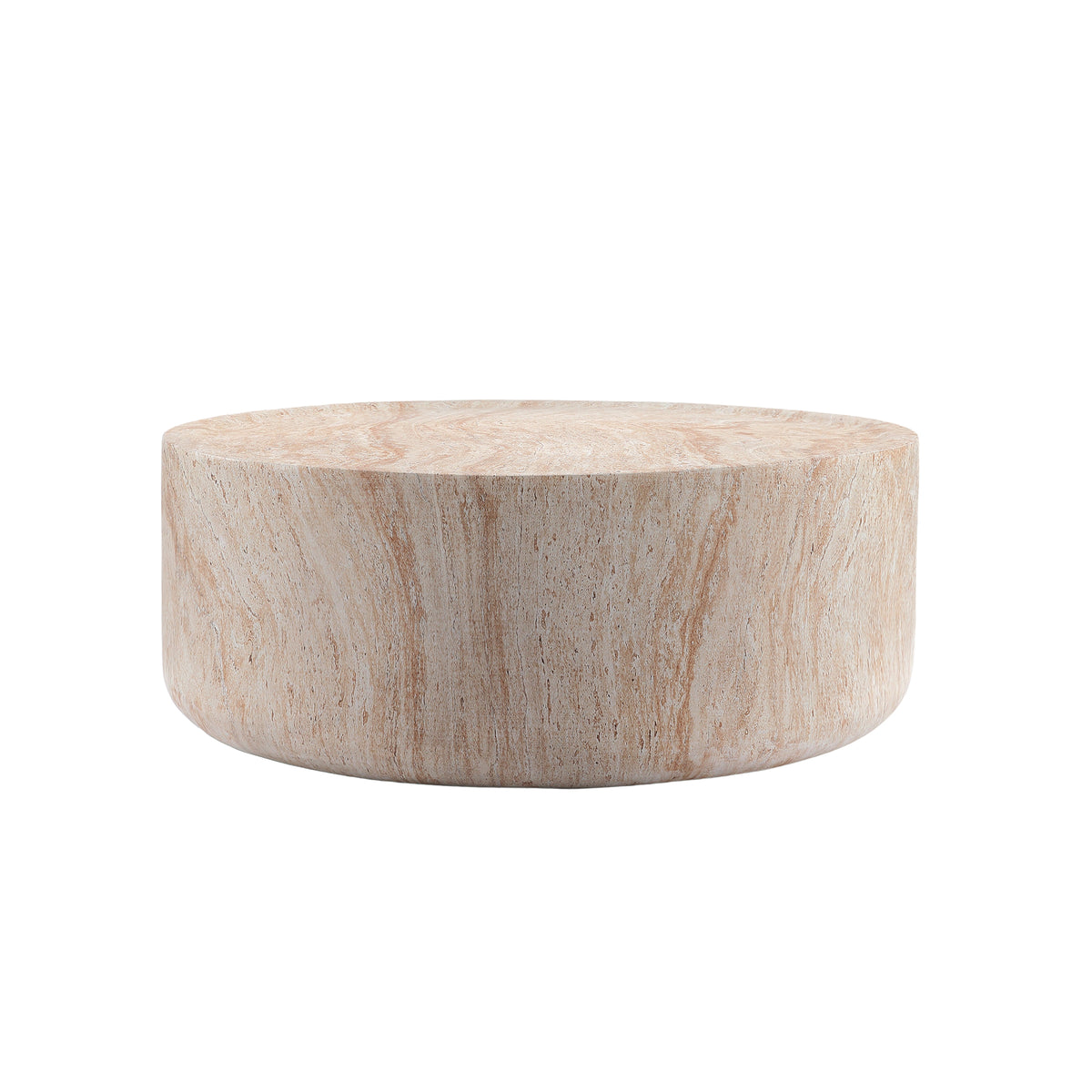 Round Cylinder Coffee Table, MgO Faux Travertine Low Profile Accent Coffee Table, Indoor & Outdoor Decorative Center Table for Living Room Patio, Dia 31.89" x H 12.01"