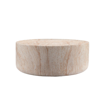 Round Cylinder Coffee Table, MgO Faux Travertine Low Profile Accent Coffee Table, Indoor & Outdoor Decorative Center Table for Living Room Patio, Dia 31.89" x H 12.01"