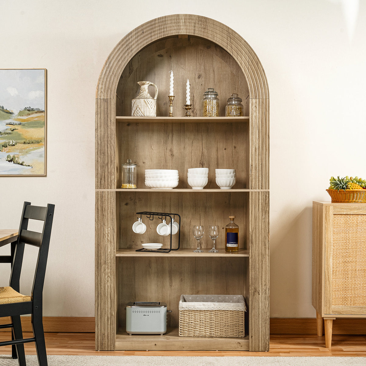 78.74" Tall Arched Bookcase, Mid Century Modern 4-Tier Arched Storage Bookcase with Open Display Storage Shelf, Bedroom (Natural)
