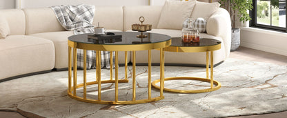 Round Nesting Coffee Table Set of 2, Modern Gold Metal Frame Circular Cocktail Table, Tempered Glass Top Accent Nesting Tables for Living Room, Apartment